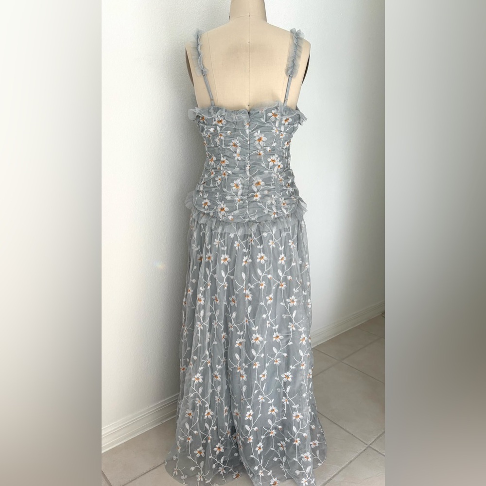 Anthropologie Blue Tulle Maxi Dress NWT Floral Embroidered Ruched M - Picture 7 of 10
